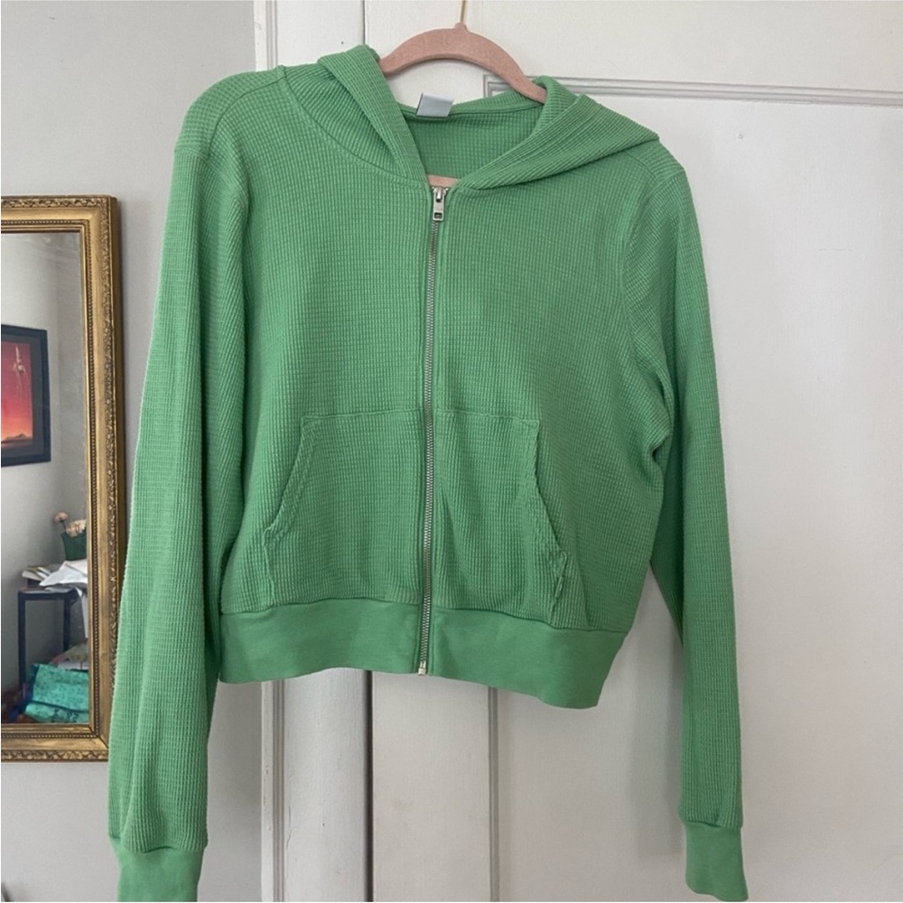 Aritzia TNA Green Waffle Thermal Zip-Up Hoodie